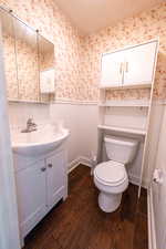 Bathroom off of kitchen with dark wood-style floors, vanity, wainscoting, and a textured ceiling