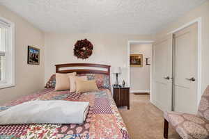 Bedroom with a textured ceiling and light colored carpet