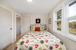 Bedroom featuring a textured ceiling and light carpet