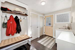 Mudroom with dark wood finished floors and a sink