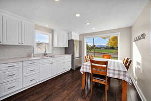 Kitchen with white cabinets, tasteful backsplash, dark wood-style floors, and recessed lighting