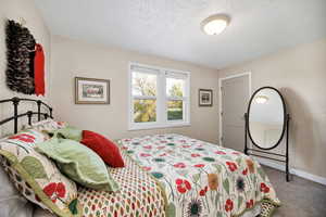 Bedroom with carpet floors and a textured ceiling