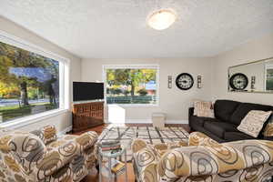 Living area with healthy amount of natural light, wood finished floors, and a textured ceiling