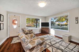 Living room featuring a textured ceiling and dark wood-type flooring
