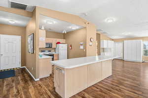 Kitchen with light brown cabinetry, light countertops, dark wood-type flooring, a textured ceiling, and freestanding refrigerator