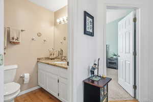 Half bathroom featuring light wood-type flooring and vanity