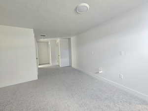 Spare room featuring a textured ceiling and light colored carpet