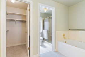 Bathroom featuring a walk in closet, a bath, a shower stall, light carpet, and light tile patterned floors