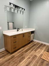 Bathroom featuring vanity and dark wood-style floors