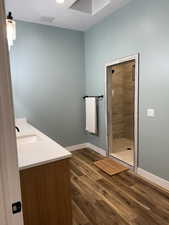 Bathroom with vanity, dark wood-type flooring, and a shower stall