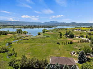 Aerial view of a water and mountain view