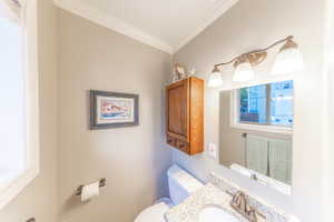 Half bath featuring ornamental molding, vanity, and plenty of natural light