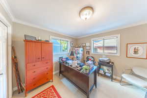 Office space with crown molding and light colored carpet