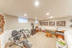 Exercise area with a wainscoted wall, light carpet, recessed lighting, and a wood stove