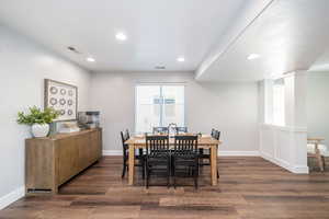 Dining area with recessed lighting and dark wood-type flooring