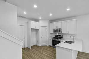 Kitchen featuring stainless steel appliances, a peninsula, white cabinetry, dark wood-type flooring, and recessed lighting