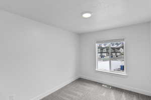 Empty room featuring light carpet and baseboards