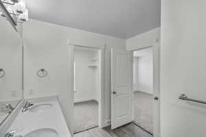 Full bathroom featuring double vanity, light wood-style flooring, and light colored carpet