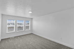 Carpeted spare room featuring baseboards and a textured ceiling