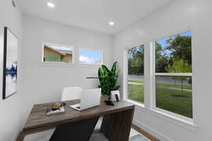 Office area featuring recessed lighting and wood finished floors