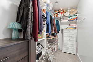 Walk in closet featuring light colored carpet