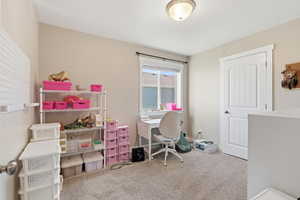 Office featuring light colored carpet