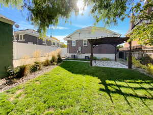 Fenced backyard with a patio