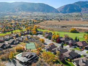 Aerial view of residential area with mountains