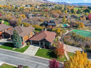 Aerial view of residential area with a mountain backdrop