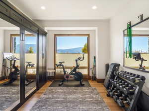 Workout room featuring light wood-style floors, plenty of natural light, and recessed lighting