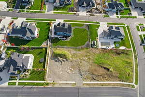 Aerial perspective of suburban area with property boundaries highlighted