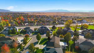 Aerial perspective of suburban area with mountains