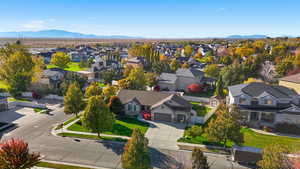 Aerial perspective of suburban area featuring mountains