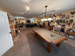 Rec room featuring carpet floors, billiards, and track lighting