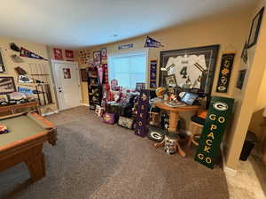 Playroom with light colored carpet and billiards table