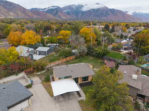 Aerial view of residential area with a mountain backdrop