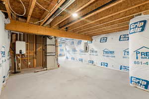 Unfinished basement with water heater, heating unit, and electric panel