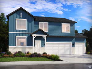 View of front of house featuring board and batten siding, concrete driveway, a garage, and a shingled roof