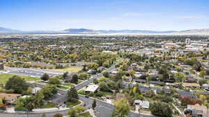 Aerial perspective of suburban area with mountains