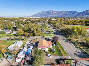 Aerial perspective of suburban area featuring mountains