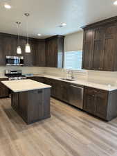 Kitchen featuring dark brown cabinets, decorative light fixtures, a textured ceiling, stainless steel appliances, and light wood-type flooring