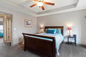 Bedroom with carpet floors, a tray ceiling, and ceiling fan