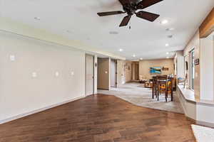Dining room with wood finish floors, recessed lighting, and ceiling fan