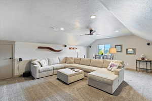 Carpeted living room featuring a textured ceiling and vaulted ceiling