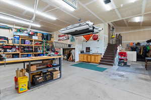 Garage featuring a workshop area