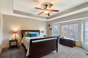 Carpeted bedroom featuring a tray ceiling and a ceiling fan