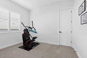 Exercise area featuring carpet floors and baseboards