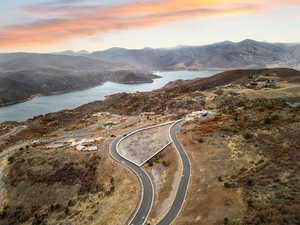 Aerial view at dusk of a water and mountain view