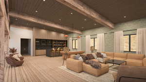 Building lobby featuring recessed lighting and a wood ceiling with exposed beams