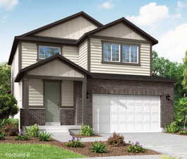 Craftsman inspired home with brick siding, a garage, board and batten siding, and driveway